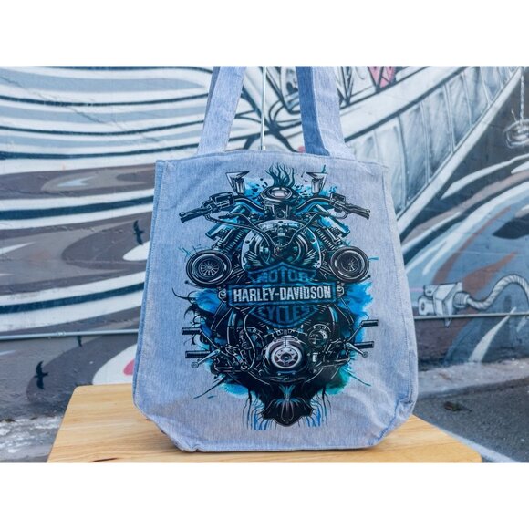 HARLEY DAVIDSON Vintage Tote Bag - Grey With Retro Graphic Print - Picture 1 of 5